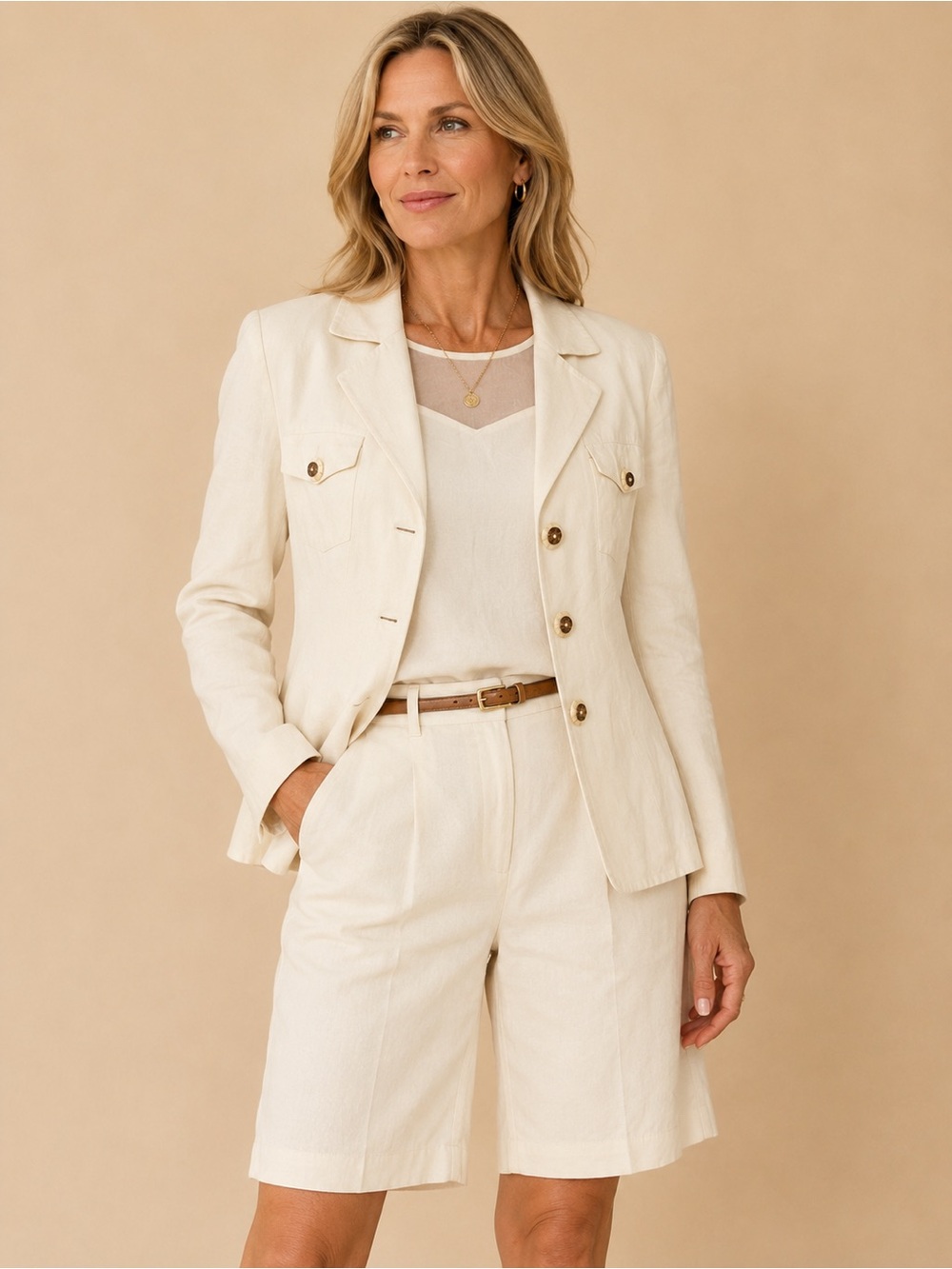 Vintage Vera Crutina 3 Piece Silk Linen Suit Set Ivory Blazer Shorts S